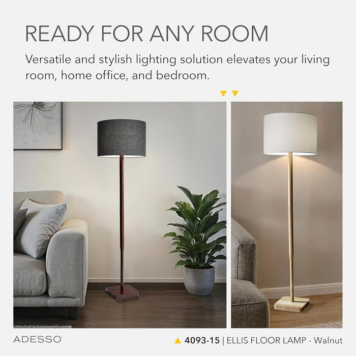 Floor Lamp with Walnut Rubberwood Base and Grey Fabric Lampshade – 58.5” X 16”, 3-Way Adjustable Brightness, Lamp for Bedroom, Living Room, and House Decor