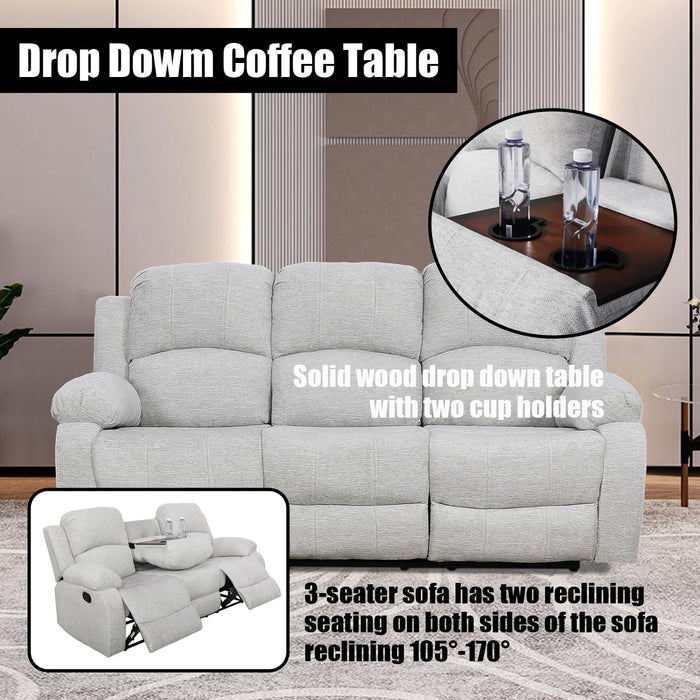 Recliner Sofa Set for Living Room Furniture Set, Reclining Sofa and Loveseat Set for Reclinier Sofa with Drop down Table/Double Recliner Loveseat with Storage Console/Grey Linen
