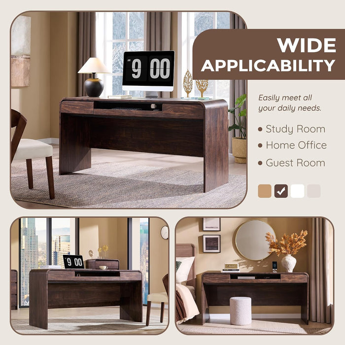 63" Modern Computer Desk with 2 Drawers, Wood Curved (Brown)
