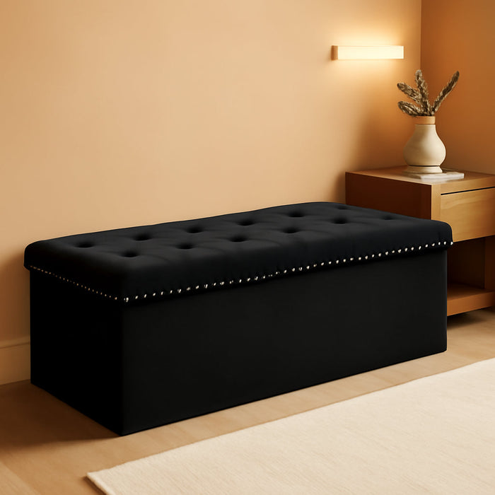 Black Storage Ottoman Bench for Bedroom, Folding Velvet Chest with Benches Foot Rest Stool, Large Long Shoes Chest for Bedroom, Living Room, 43.3"X15.7"X15.7"