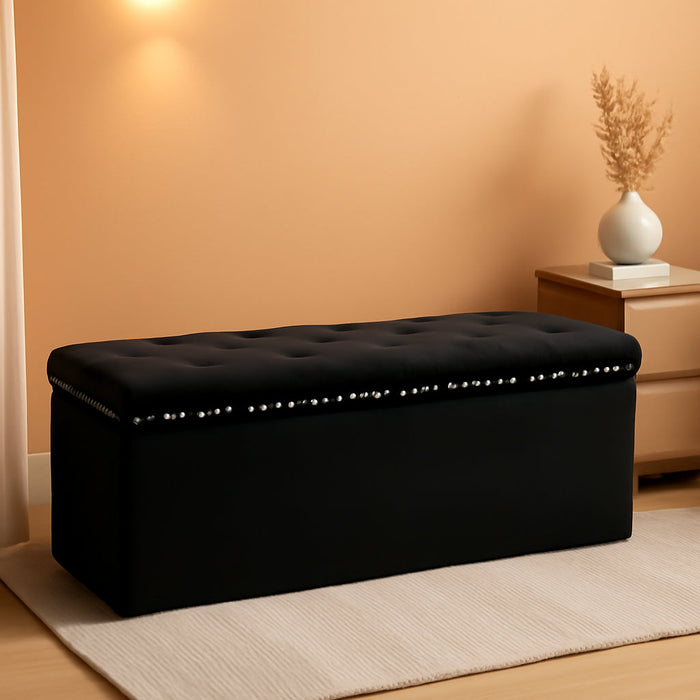 Black Storage Ottoman Bench for Bedroom, Folding Velvet Chest with Benches Foot Rest Stool, Large Long Shoes Chest for Bedroom, Living Room, 43.3"X15.7"X15.7"