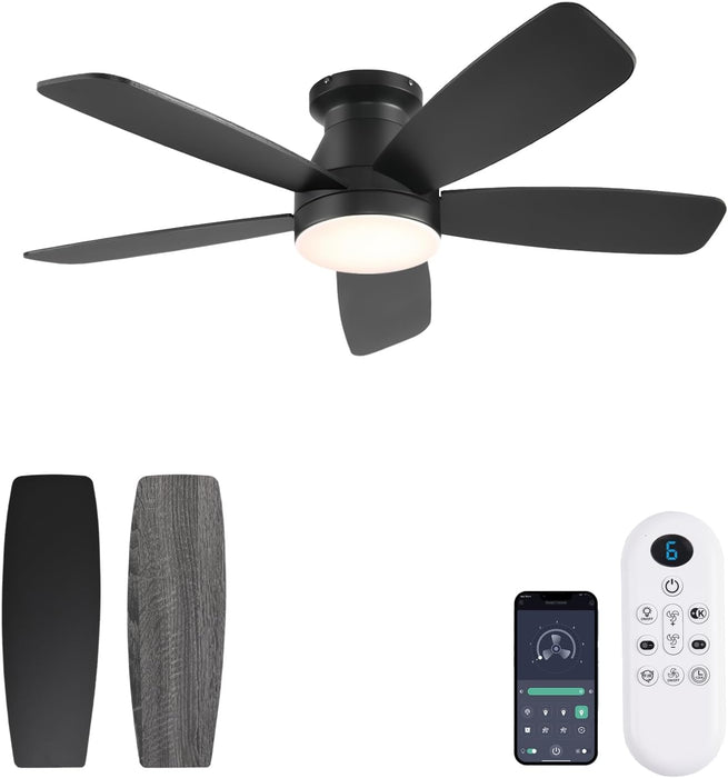 42Inch Ceiling Fans with Lights, Low Profile Ceiling Fan with Light and Remote Control, Flush Mount, Reversible DC Motor, Dimmable, Quiet, Black Small Ceiling Fan for Bedroom Indoor/Outdoor Use