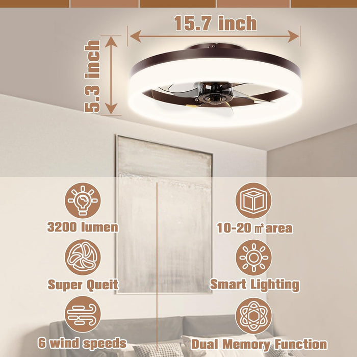 Low Profile Ceiling Fans with Lights and Remote,15.7In Modern Ceiling Fan Flush Mount, 3000K-6500K Dimmable Bladeless LED Fan Light,Brown Fandelier Ceiling Fans with Lights for Bedroom