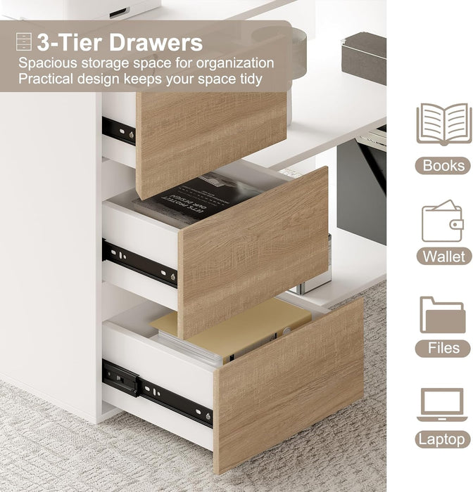L Shaped Computer Desk, 47 Inch Home Office Desk with File Drawers & Storage Shelves, Small Corner Computer Desk for Small Space (White + Walnut)
