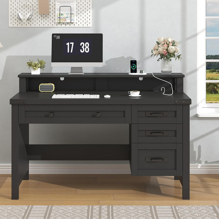 Farmhouse Computer Desk with Drawers, 47" Small Computer Desk with Power Outlets, Home Office Desk with Monitor Stand & 4 Drawers, Writing Study Table, Black