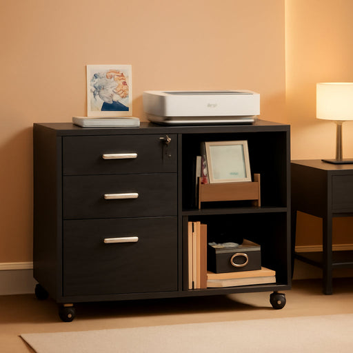3-Drawer Wood File Cabinet with Lock, Mobile Lateral Filing Cabinet, Black