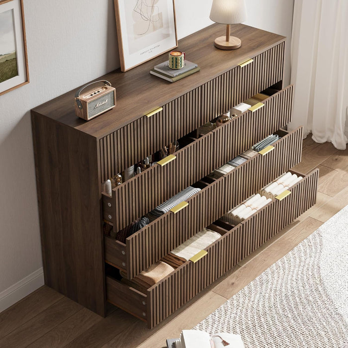 55" Wide Fluted 8-Drawer Double Dresser for Bedroom, Walnut