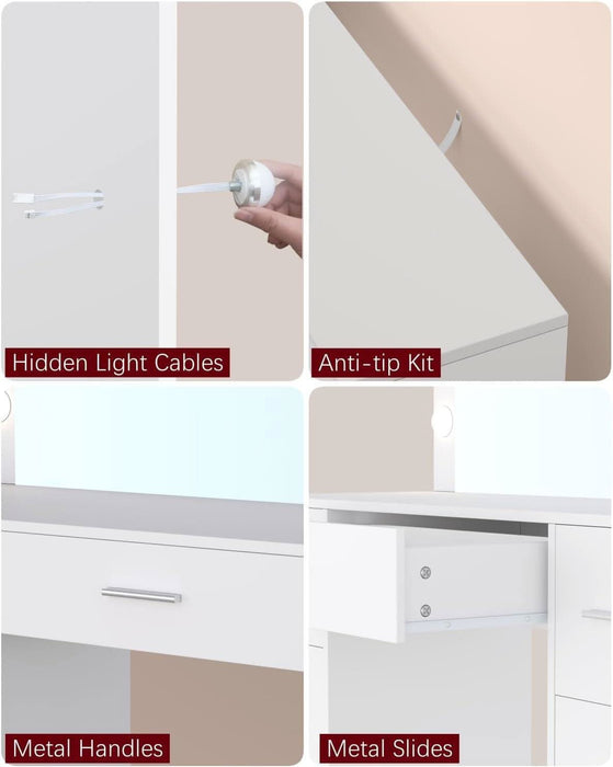 Vanity Table, Makeup Desk with Lighted Mirror, Dressing Desk with Drawers and Adjustable Brightness, 3 Color Lighting Modes, Vanity Desk for Women(White)