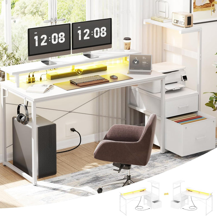 Gaming Desk with LED Strip & Power Outlet, 59Inch Reversible Computer Desk with Monitor Stand & Storage Shelves, Home Office Desks with Fabric File Drawer, Gamer Table PC Desk, White