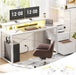 Gaming Desk with LED Strip & Power Outlet, 59Inch Reversible Computer Desk with Monitor Stand & Storage Shelves, Home Office Desks with Fabric File Drawer, Gamer Table PC Desk, White