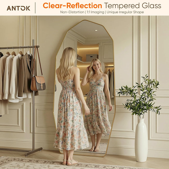 Full Length Mirror, 71"X32" Floor Mirror, Free Standing Wall Mounted or Leaning Full Body Mirror with Aluminum Alloy Frame, Diamond Irregular for Bedroom Entryway Cloakroom, Gold