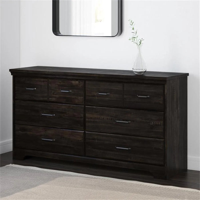 4 Piece Double Dresser Tall Chest and 2 Nightstand Bedroom Set in Rubbed Black