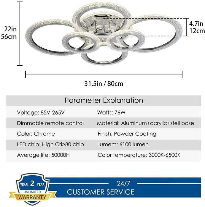 LED Ceiling Lamp 76W Modern Close to Ceiling Light Dimmable 6 Rings Ceiling Chandelier for Living Room Bedroom,Chrome