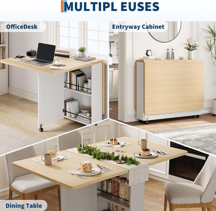 Folding Dining Table with Storage, Folding Kitchen Table with 6 Wheels, Drawer & Shelves, Compact Dining Table for Small Spaces