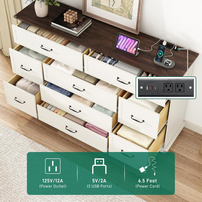 Farmhouse 9 Drawer Dresser for Bedroom,63” Wood Dresser & Chest of Drawers with Power Outlets,Large & Wide Dressers for Bedroom,Tall Storage Dresser Organizer(White)