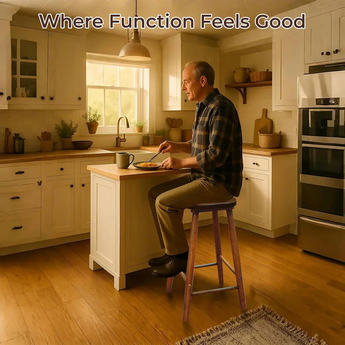 Nora 30" Backless Bar Stool, Solid Rubber Wood, Brown Finish, Saddle Seat for Kitchen or Bar