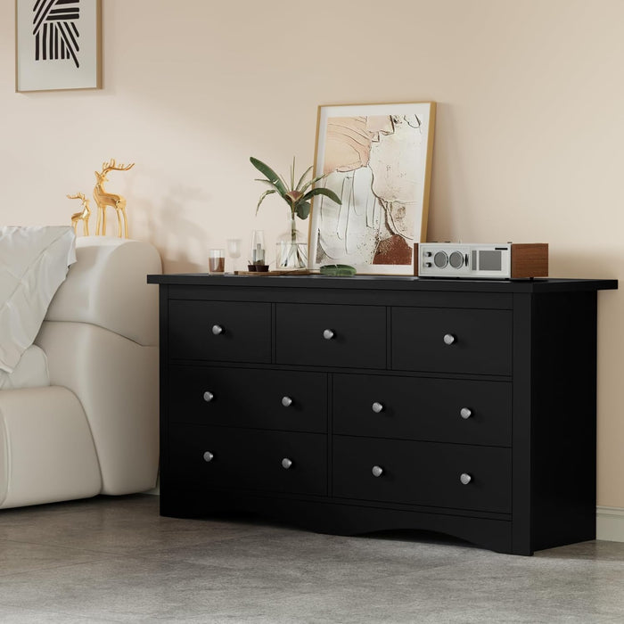 Dresser for Bedroom, 7 Wood Dresser, Chest of Drawers, for TV up to 65 Inch, TV Stand Storage Chest of Drawers for Hallway Entryway (Black)