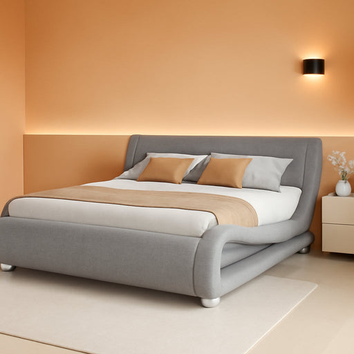 Queen Size Upholstered Bed Frame, Deluxe Low Profile Sleigh Bed with Linen Ergonomics Headboard, No Box Spring Needed & Easy Assembly, Grey