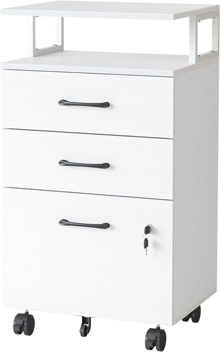 White Mobile File Cabinet, 3 Drawers, Lock