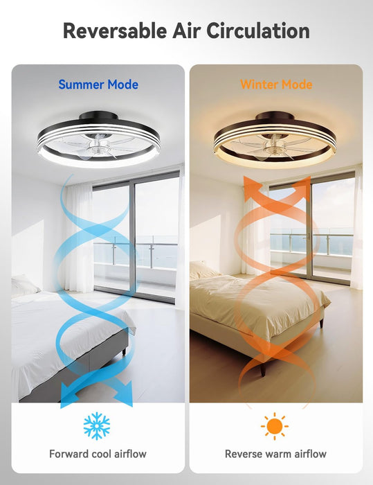 Modern Bladeless Ceiling Fans with Lights, Small Fandelier Bedroom Ceiling Fan - Low Profile LED Fan Light with Remote APP, Flush Mount, Dimmable, DC Motor, 6 Speeds, Timer (18 Inch, Black)