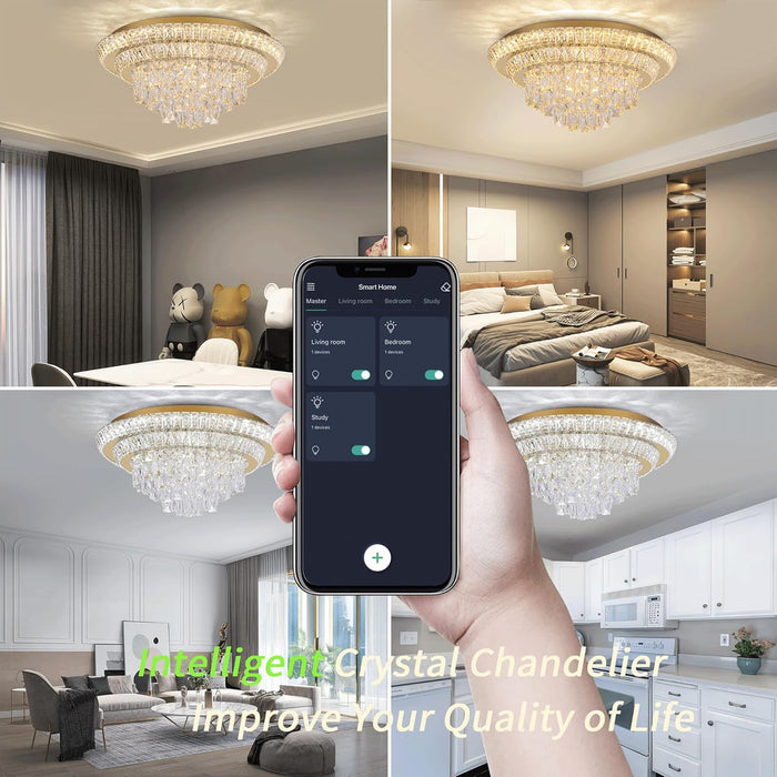 24in Crystal Chandelier Flush Mount Remote Control