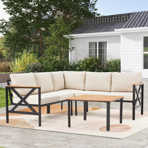 6 Pieces Patio Furniture Sets, Metal Outdoor Sectional Furniture L Shape Patio Conversation Sets with Fauxwood Coffee Table & 6.5" Olefin Cushions for Backyard, Garden, Poolside