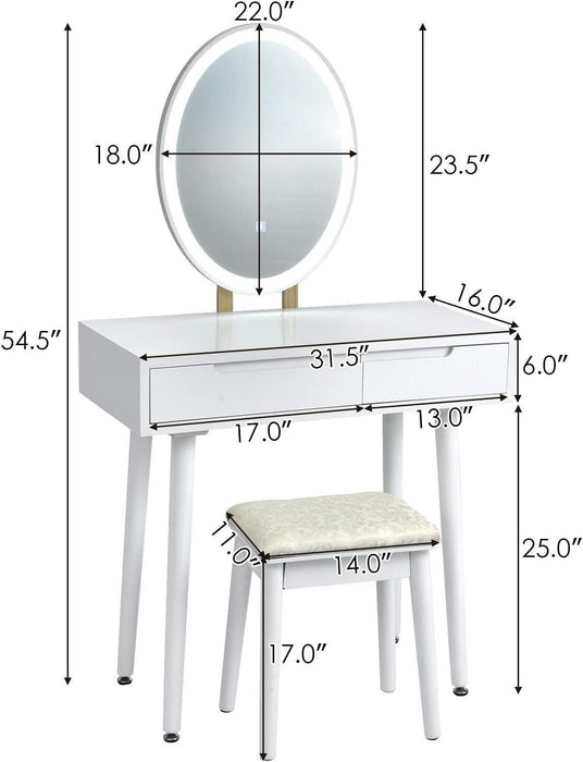 Vanity Set with Lighted Mirror, 3 Modes Adjustable Brightness Mirror, Makeup Dressing Table with Cushioned Stool, 2 Sliding Drawers with Divider, Modern Bedroom Vanity for Girls Women (White)