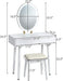 Vanity Set with Lighted Mirror, 3 Modes Adjustable Brightness Mirror, Makeup Dressing Table with Cushioned Stool, 2 Sliding Drawers with Divider, Modern Bedroom Vanity for Girls Women (White)