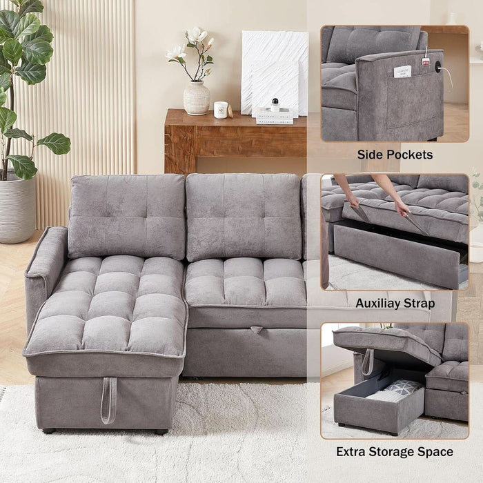 78.75" Sleeper Sofa Couch,Pull-Out Sofa Bed with USB and Tape-C Charging Ports, L-Shaped Sectionalsofa with Reclining Storage and Pocket for Living Room Apartment,Chenille(Dark Grey)