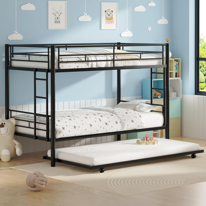Twin over Twin Bunk Bed with Trundle, Metal Bunkbeds with Ladder and Full-Length Guardrail, Noise Free, No Box Spring Needed, Black