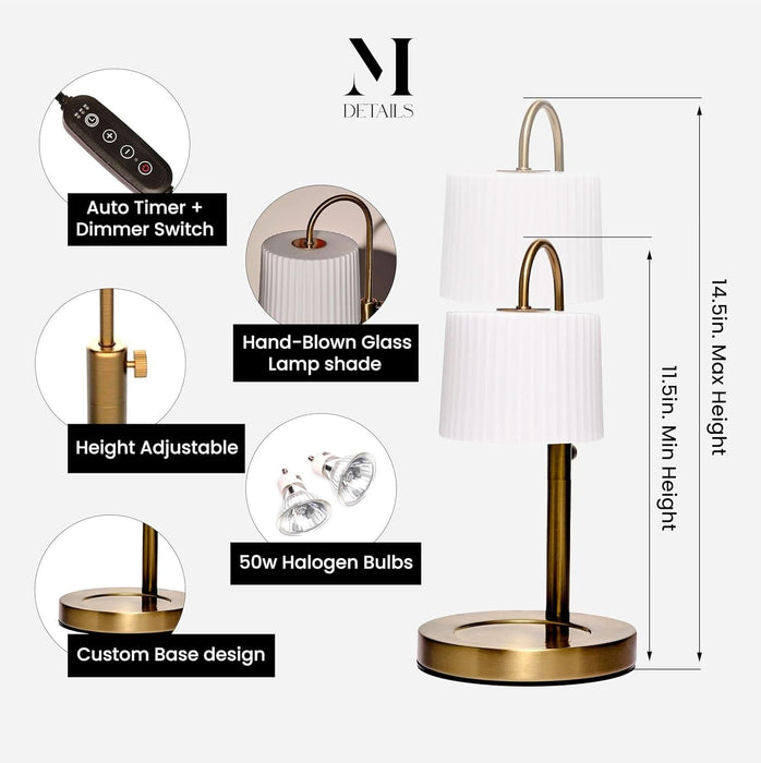 Dimmable Glass Candle Warmer Lamp with Timer - Adjustable Height Candle Lamp Warmer with Timer (8H/4H/2H) - Wax Melter - Ideal Gift, Fits Various Size Scented Candles - 02 Bulb - (Gold Metal)