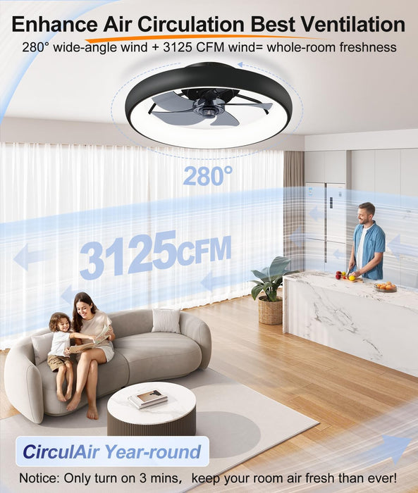 【Upgraded】 Ultra Low Profile Ceiling Fans with Lights and Remote Ultra Quiet 25 Db, 21" Modern Flush Mount Ceiling Fan LED Ceiling Fan Fandelier Ceiling Fan