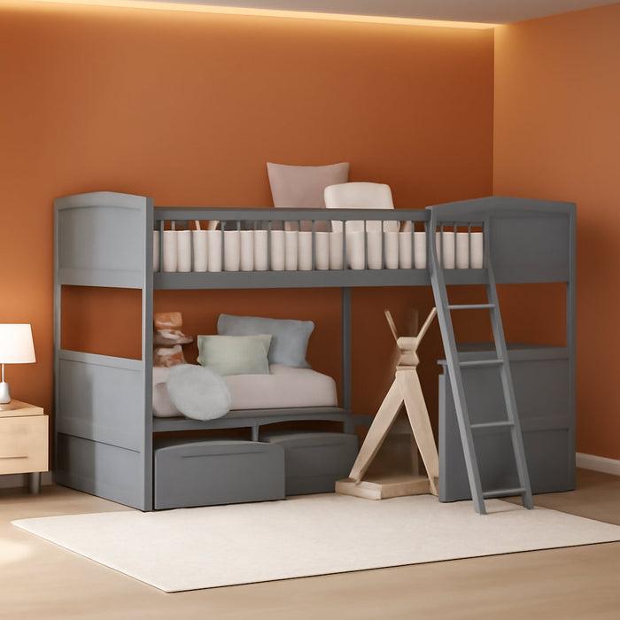 Triple Bunk Bed for Kids L Shaped Bunk Bed Solid Wood Twin over Twin over Twin Bed with 2 Drawers and 2 Ladders, No Box Spring Needed, Gray