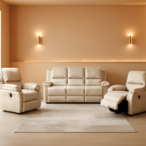 3PC Faux Leather Reclining Couch Set, Living Room Furniture Set, Sofa, Loveseat, Glider, 8018 Multiple Colors (Beige, Sofa+Loveseat+Chair)