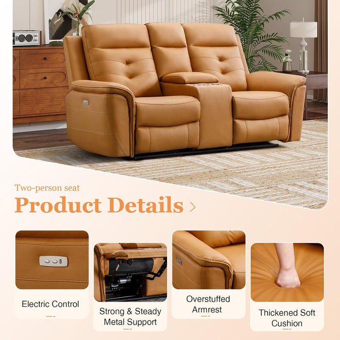 Power Loveseat Recliner Sofa for Adults, Breathable Faux Leather Double Reclining Loveseat Sofa with Console, Cup Holders and Hidden Storage, Electric Daul Recliner for Living Room, Brown