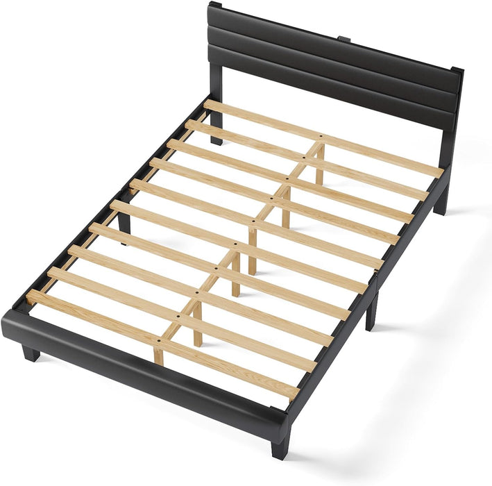 Full Upholstered Bed Frame, Adjustable Headboard, PU Leather Black