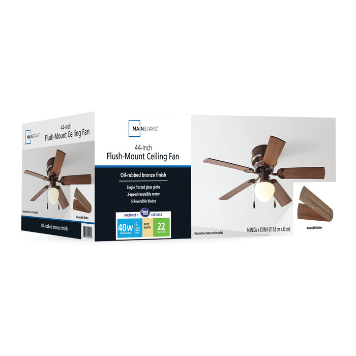 44 Inch Hugger Indoor Ceiling Fan with Light Kit, Bronze, 5 Blades, Reverse Airflow