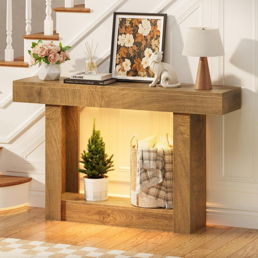47.2" Farmhouse Wood Entryway Table with Outlet, 2-Tier Console Table with Sensor Light behind the Couch Sofa, Entrance Side Table for Hallway/Living Room/Foyer, Natural Oak