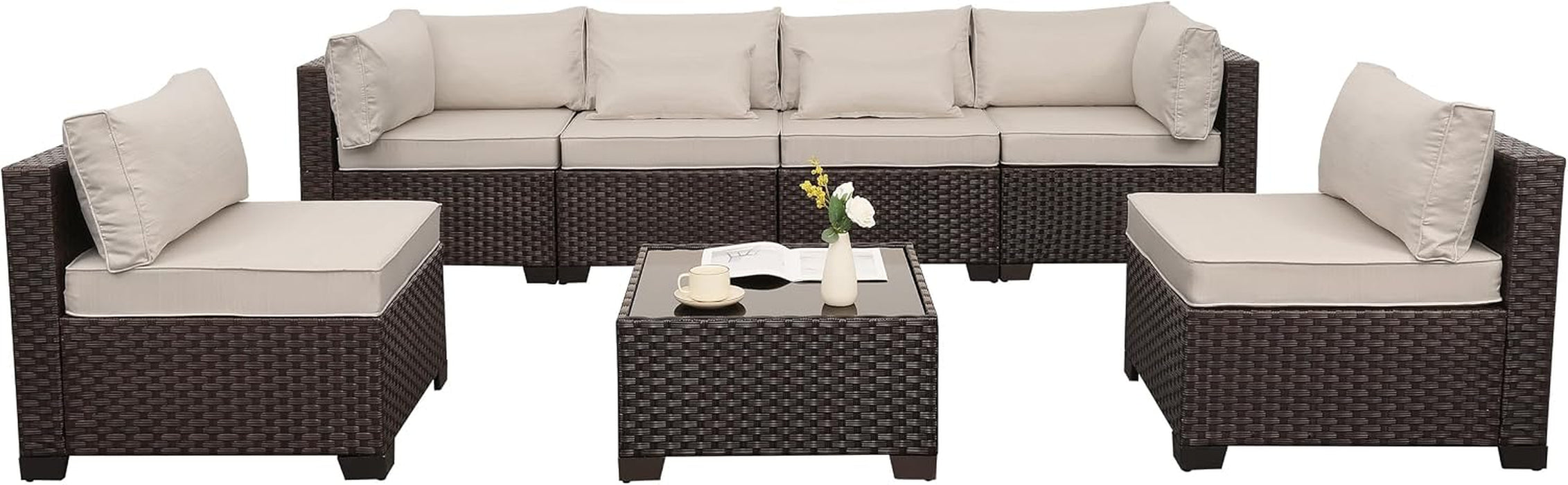 7 Pieces Wicker Patio Furniture Conversation Set Outdoor Sectional Sofa Glass Coffee Table with Non-Slip Cushions and Furniture Cover, Beige