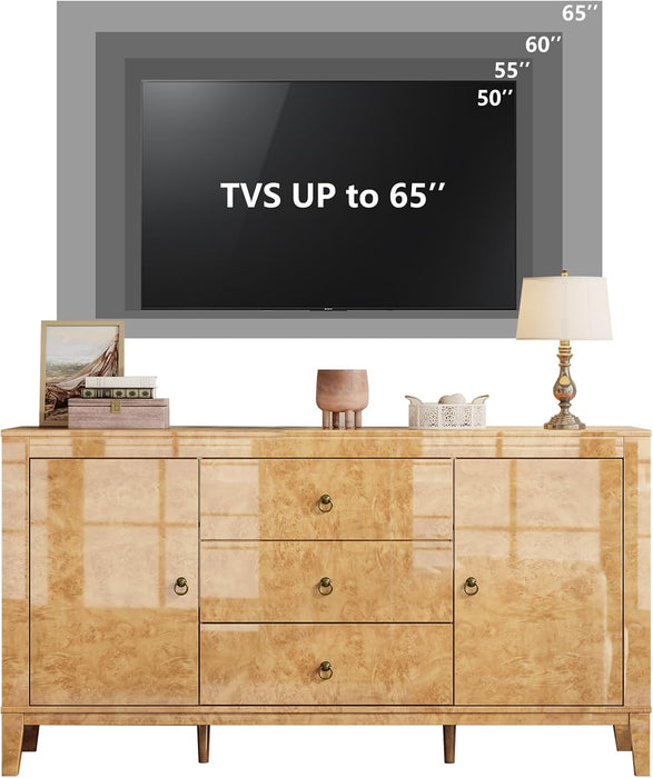 60" Glossy Burl Wood Sideboard Buffet with Storage | Mid-Century Modern Style, Buffet Cabinet with 3 Drawers & 2 Closed Storage for Dining Room, Living Room, Blond Burl