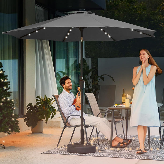 9FT Outdoor Patio Umbrella with Solar Lights, LED Lighted Pool Umbrella with Tilt and Crank, Outdoor Table Umbrellas for Deck, Yard & Market (Dark Gray)