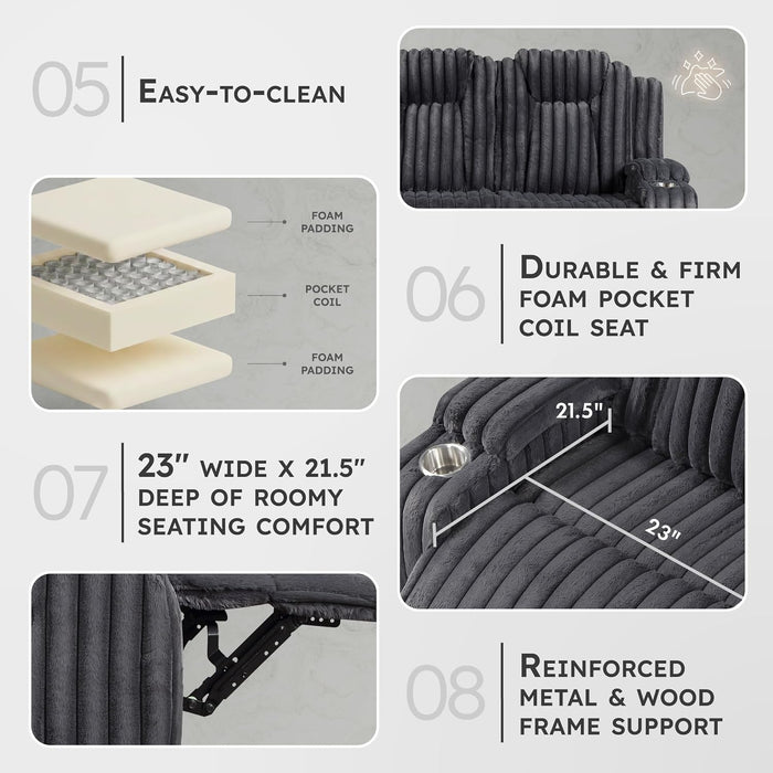 Manual Double Reclining Sofa, Corduroy Wall Hugger Manual 3 Seater Recliner Couch, Padded Armrests, Cup Holders for Living Room, Home Theater, Easy Assembly, Dark Gray