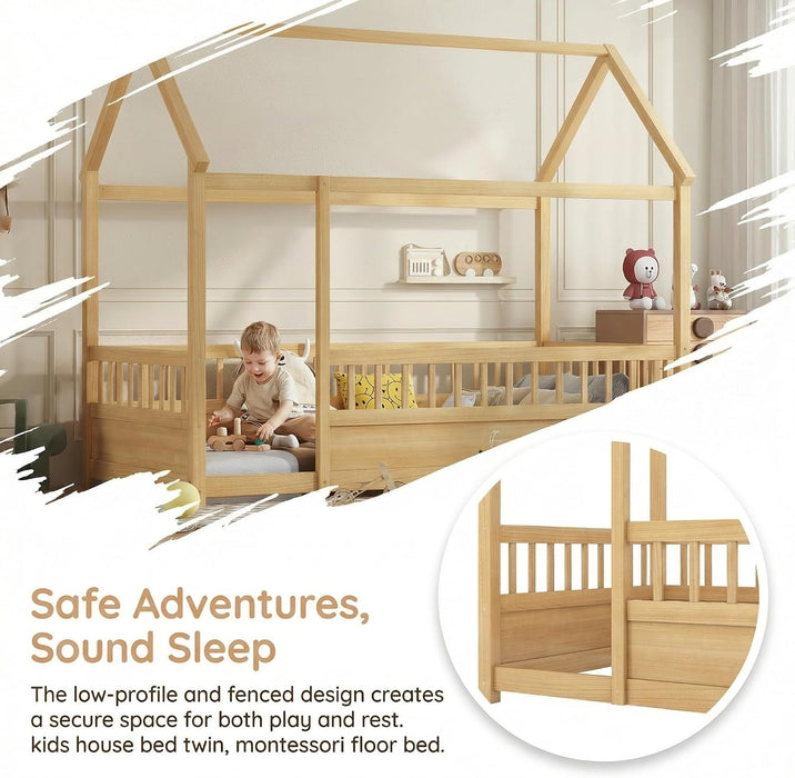 Natural Wooden Montessori Platform Bedstead With Fence