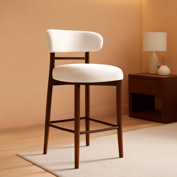 26″ Bar Stools Set of 4, Counter Height Bar Stools with Wood Legs, Upholstered Modern Kitchen Barstools with Back, Linen Fabric, Metal Footrest, for Kitchen Island Dining Room Bar, Beige