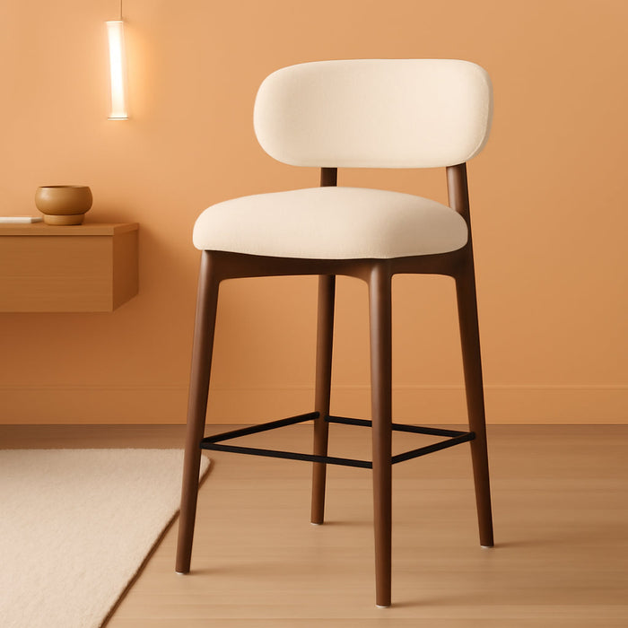 26″ Bar Stools Set of 4, Counter Height Bar Stools with Wood Legs, Upholstered Modern Kitchen Barstools with Back, Linen Fabric, Metal Footrest, for Kitchen Island Dining Room Bar, Beige
