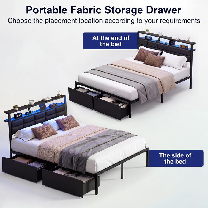 Full Bed Frame with 2 Storage Drawers, LED Lights & Charging Station, Upholstered Headboard with Shelves, Heavy Duty Metal Platform, No Box Spring Needed, Noise Free, Easy Assembly