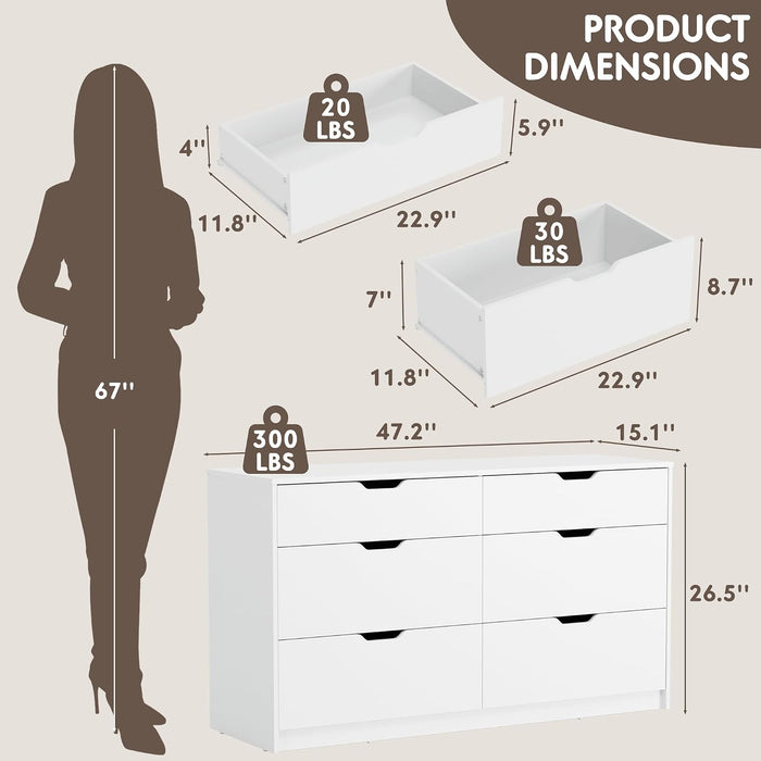 Dresser for Bedroom, 47.2" Modern Wood Chest with 6 Drawers, White