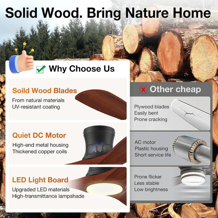 52 Inch Smart Low Profile Ceiling Fans with Lights Remote,Wood,Flush Mount