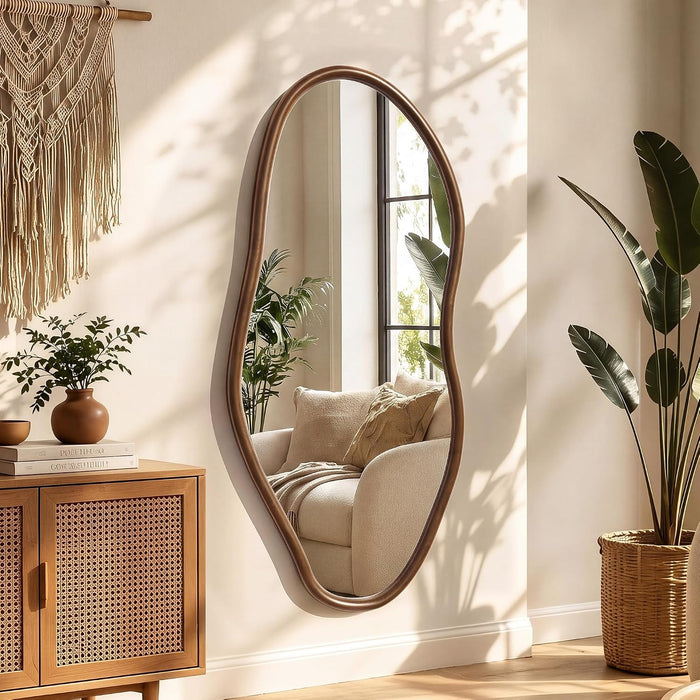 48"X22" Asymmetrical Mirror with Wood Frame Unique Irregular Mirror