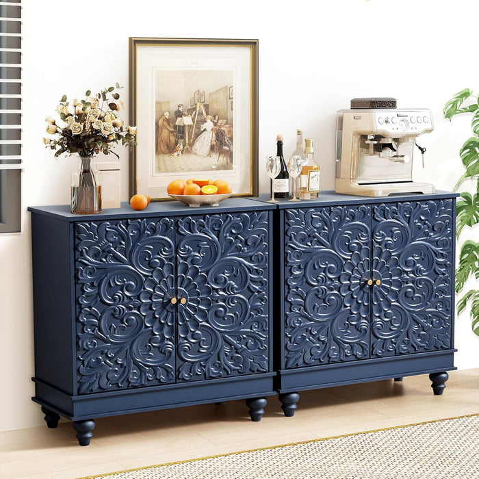 Accent Cabinet with 2 Doors, Luxury Carving Board Storage Sideboard with Adjustable Shelves, Buffet Cabinet Entryway Table for Living Room (Midnight Blue)